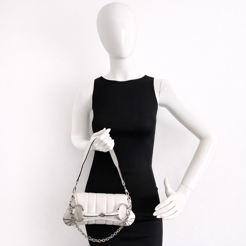 Gucci Nappa Matelasse Small Horsebit Chain Shoulder Bag White