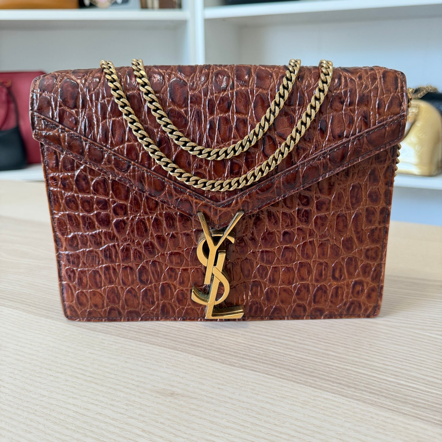 Saint Laurent YSL Patent Turtle Embossed Monogram Cassandra Clasp Bag Rouge Legion