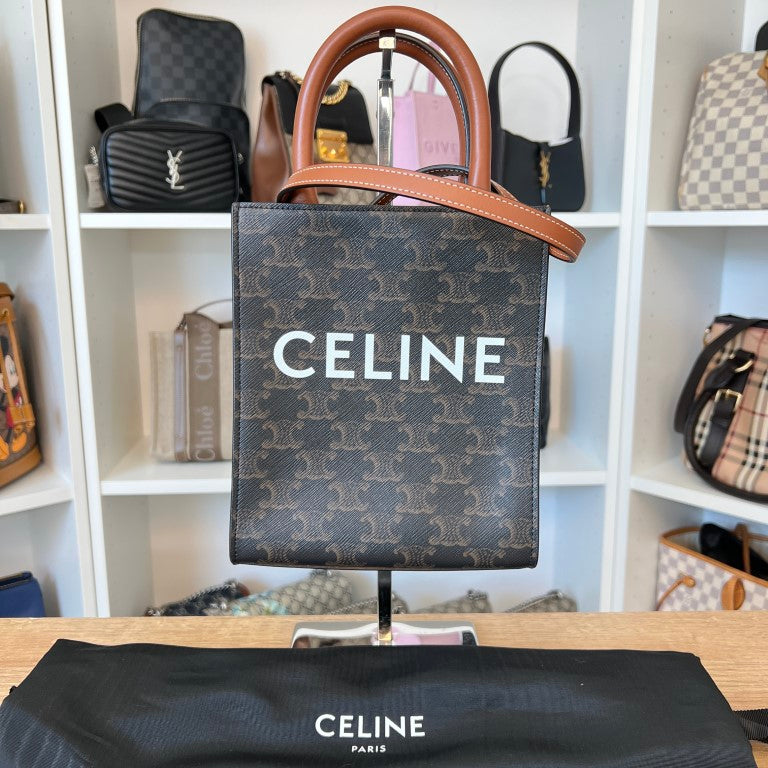 Celine Triomphe Canvas Calfskin Mini Vertical Cabas Tan