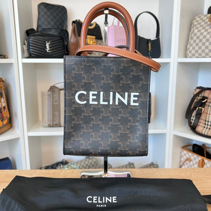 Celine Triomphe Canvas Calfskin Mini Vertical Cabas Tan