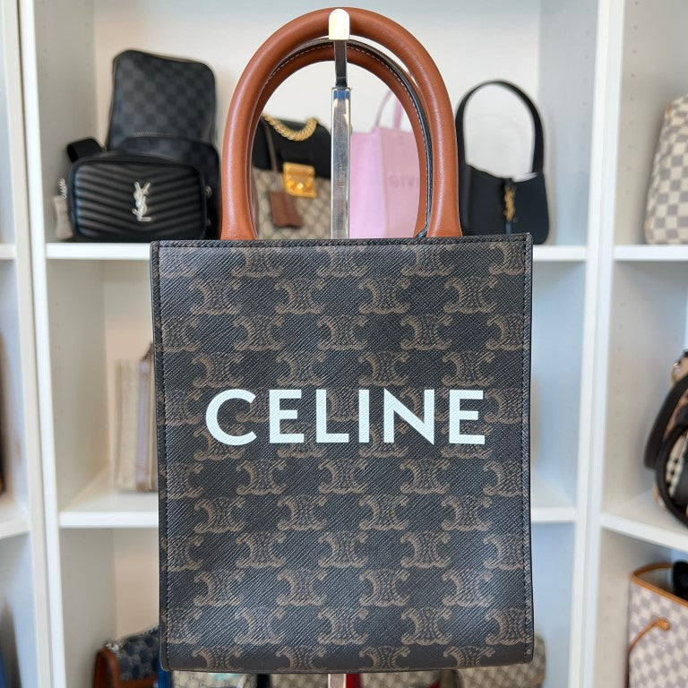 Celine Triomphe Canvas Calfskin Mini Vertical Cabas Tan