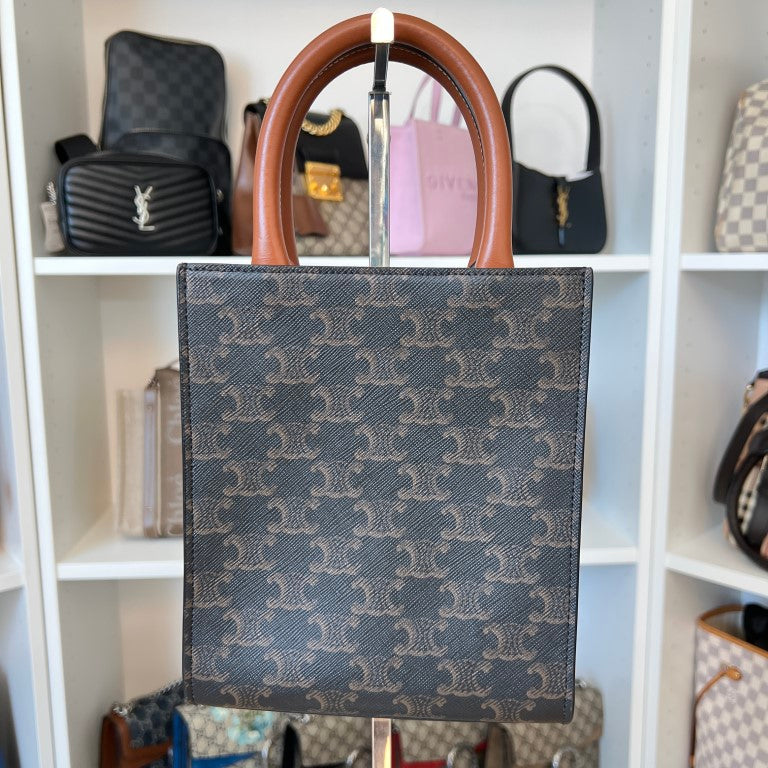 Celine Triomphe Canvas Calfskin Mini Vertical Cabas Tan