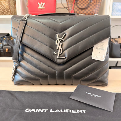 Saint Laurent Calfskin Y Quilted Monogram Medium Loulou Chain Satchel Black