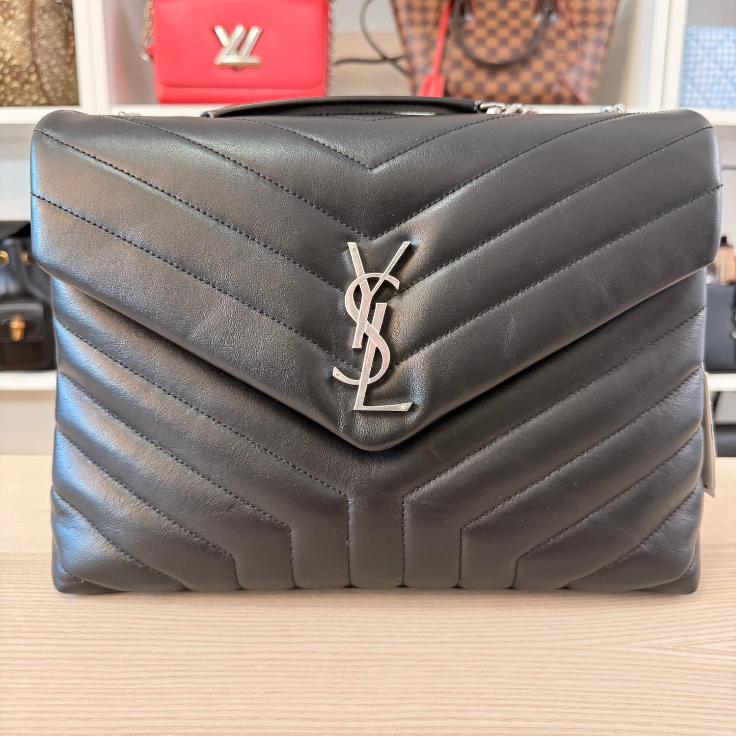 Saint Laurent Calfskin Y Quilted Monogram Medium Loulou Chain Satchel Black