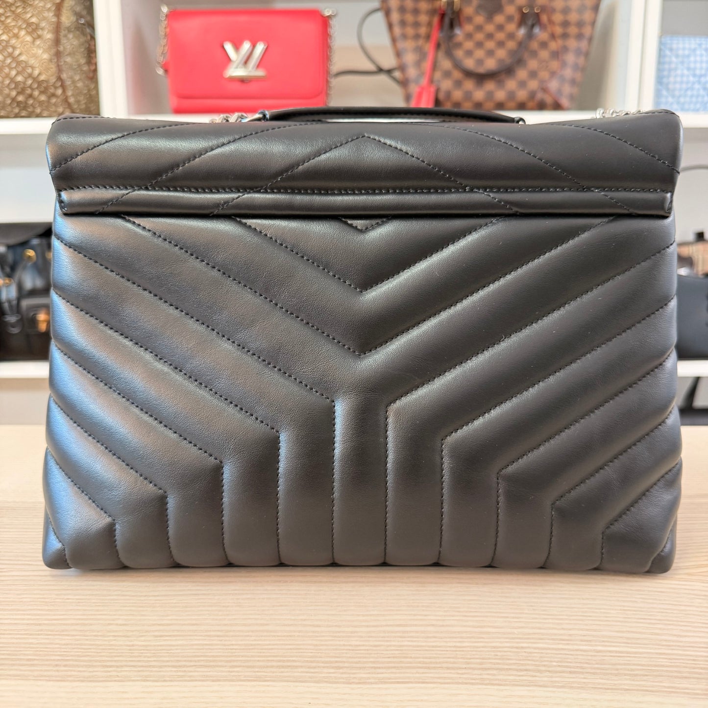 Saint Laurent Calfskin Y Quilted Monogram Medium Loulou Chain Satchel Black