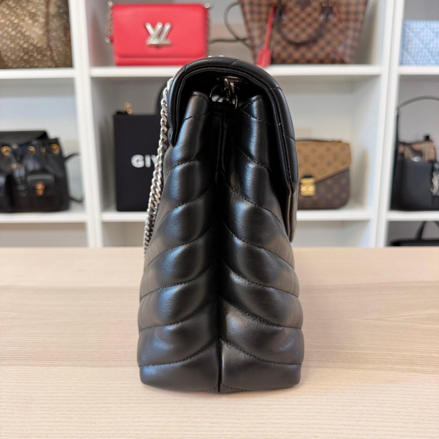 Saint Laurent Calfskin Y Quilted Monogram Medium Loulou Chain Satchel Black