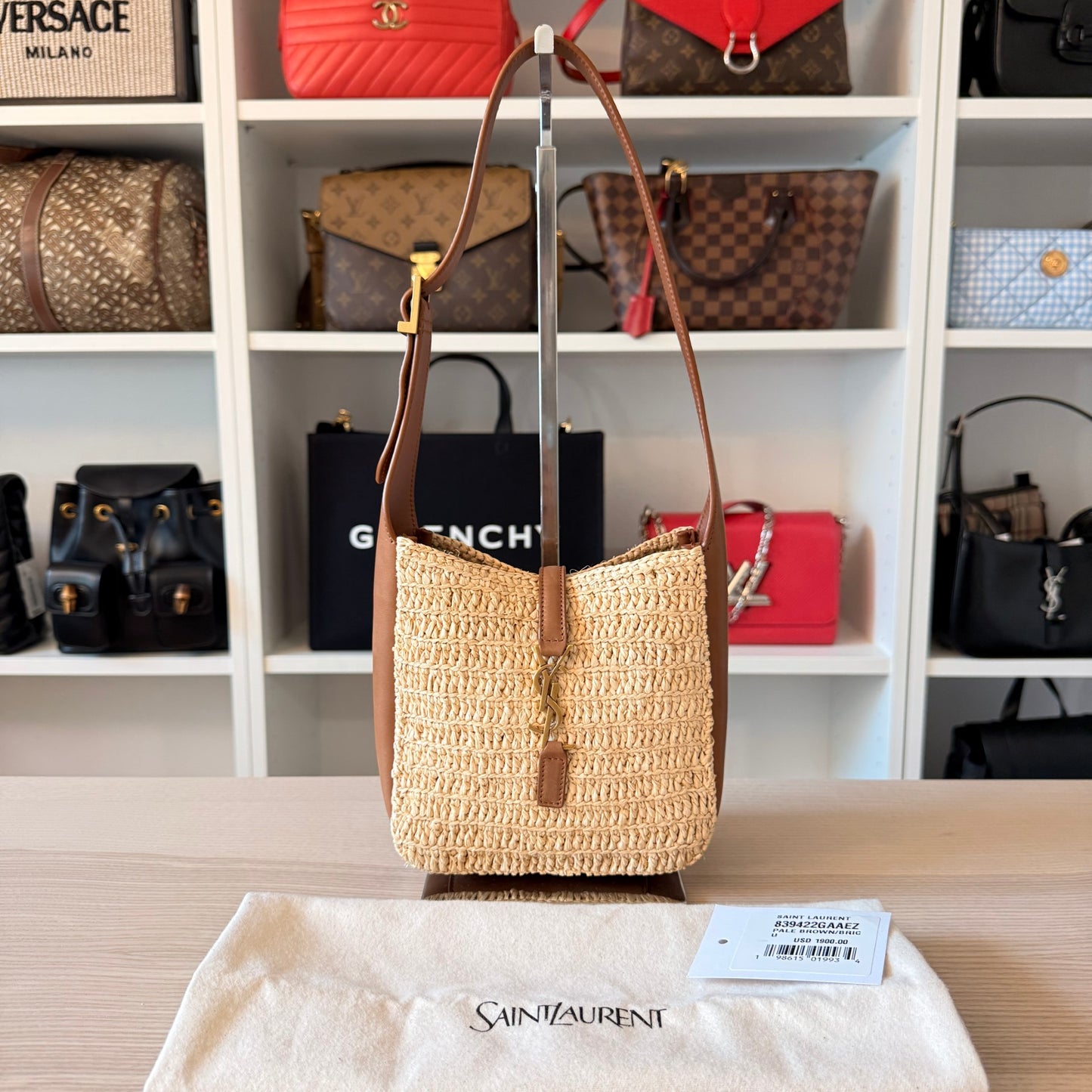 Saint Laurent Raffia Calfskin Le 5 A 7 Mini Hobo Natural Brick