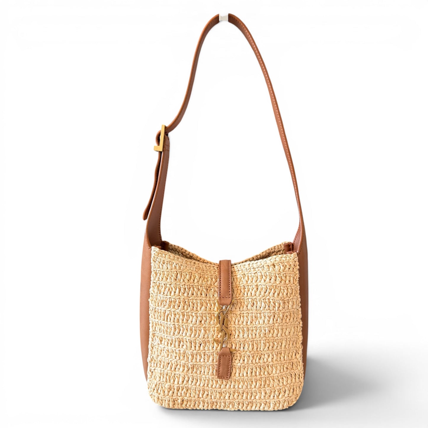 Saint Laurent Raffia Calfskin Le 5 A 7 Mini Hobo Natural Brick