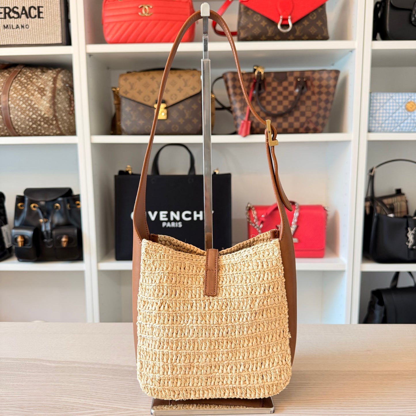 Saint Laurent Raffia Calfskin Le 5 A 7 Mini Hobo Natural Brick