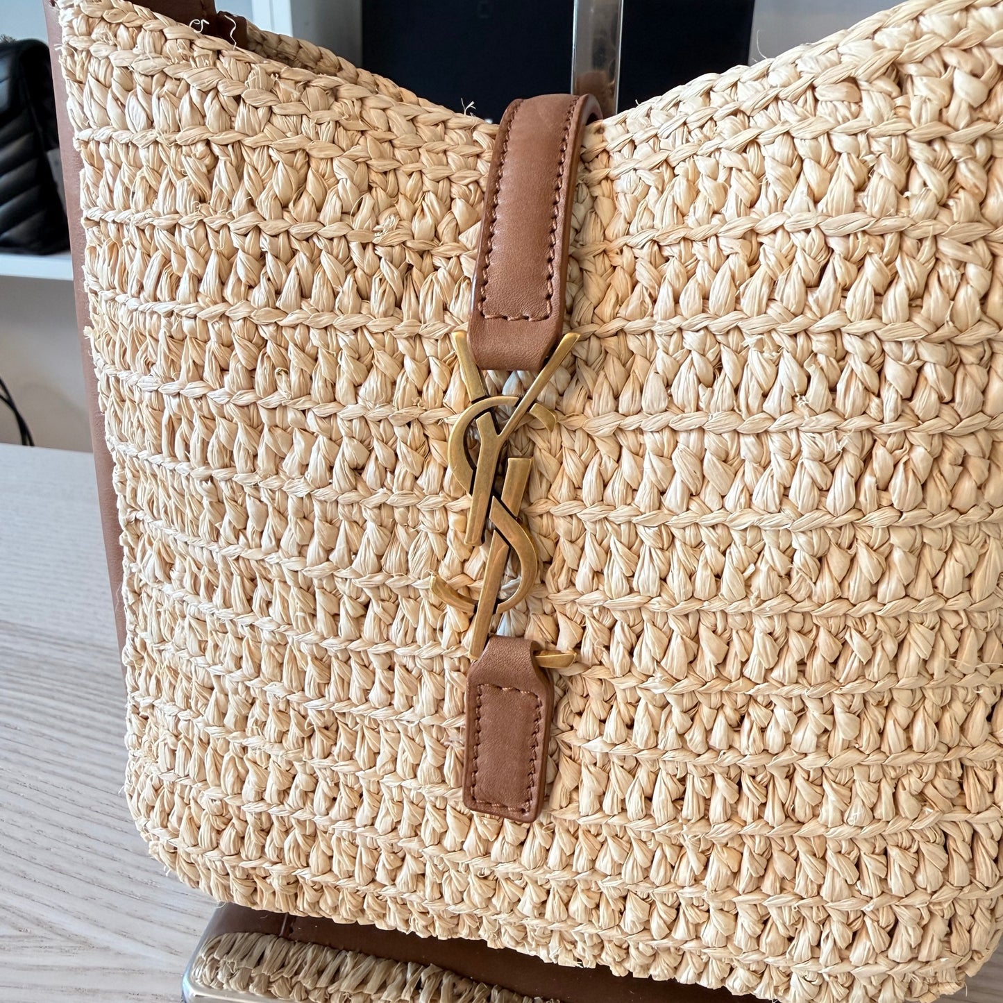 Saint Laurent Raffia Calfskin Le 5 A 7 Mini Hobo Natural Brick