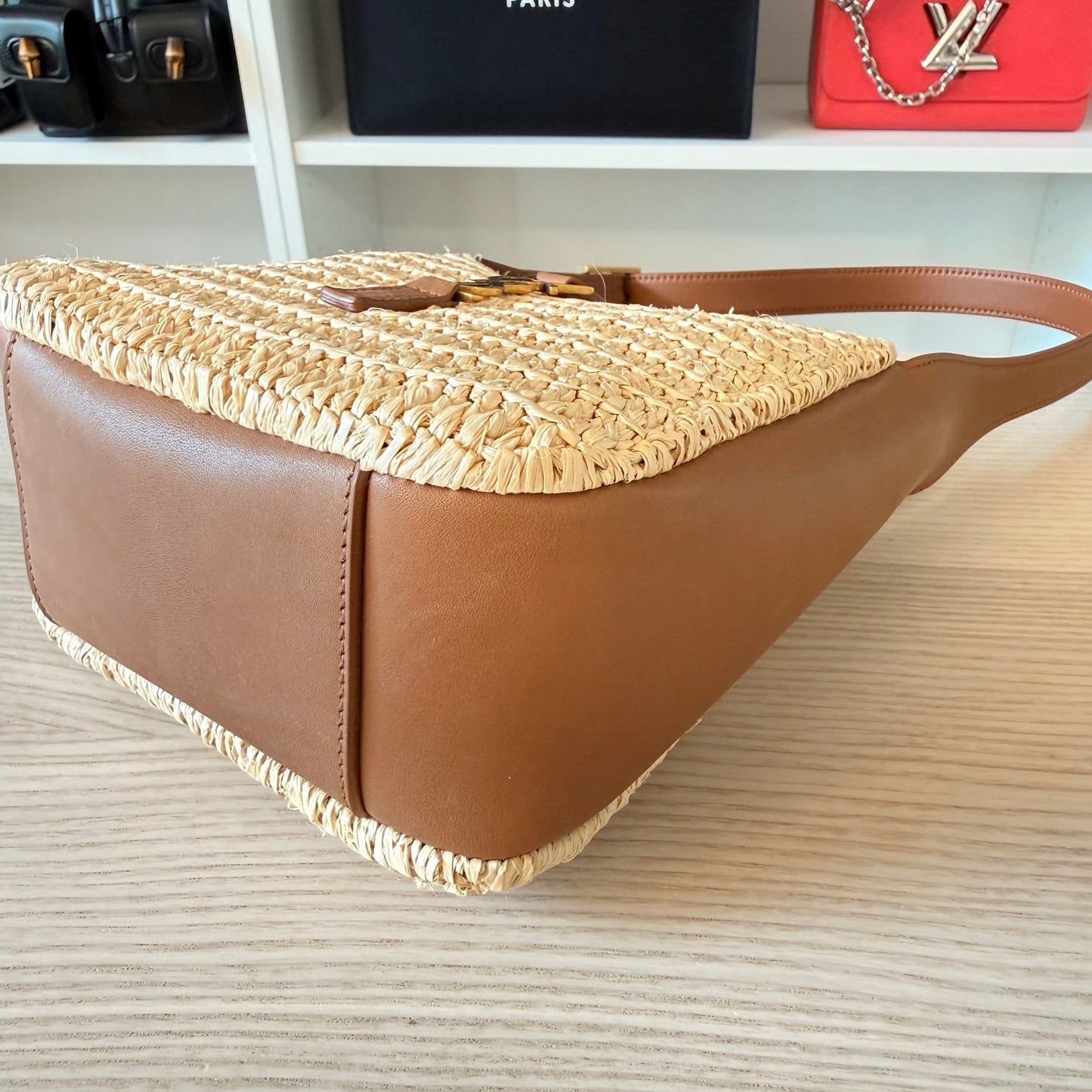 Saint Laurent Raffia Calfskin Le 5 A 7 Mini Hobo Natural Brick