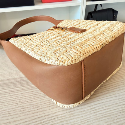 Saint Laurent Raffia Calfskin Le 5 A 7 Mini Hobo Natural Brick