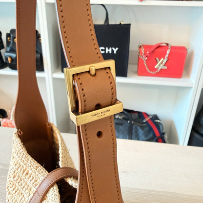 Saint Laurent Raffia Calfskin Le 5 A 7 Mini Hobo Natural Brick