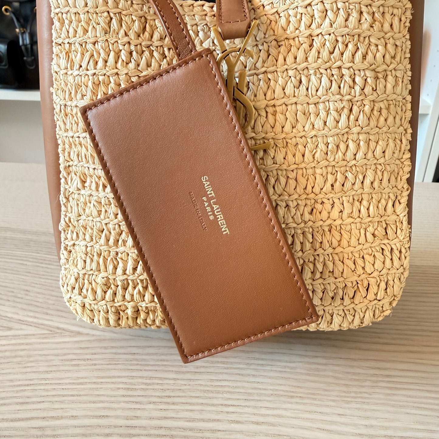 Saint Laurent Raffia Calfskin Le 5 A 7 Mini Hobo Natural Brick