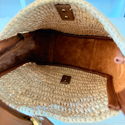Saint Laurent Raffia Calfskin Le 5 A 7 Mini Hobo Natural Brick