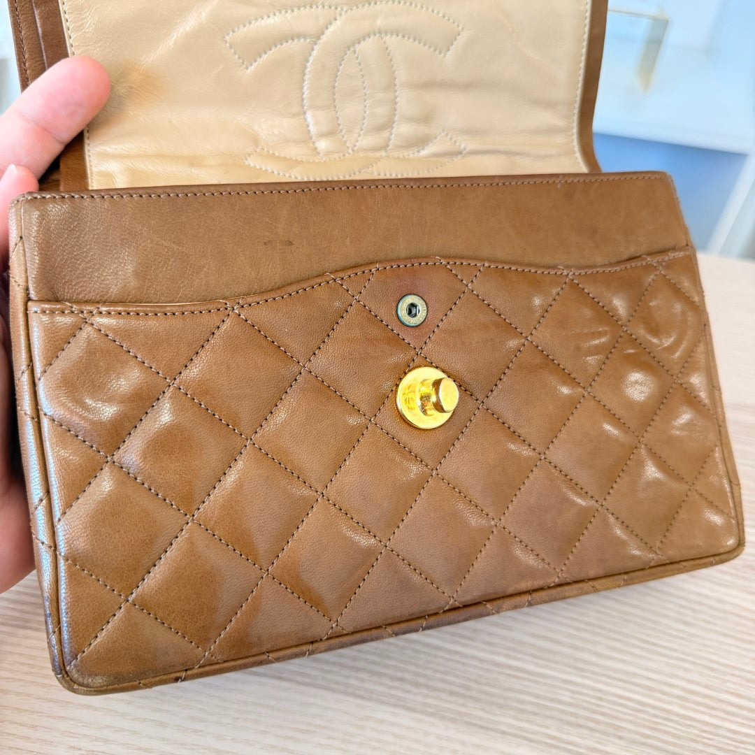 Chanel Lambskin Double Flap Vintage 1988 24K Gold Brown