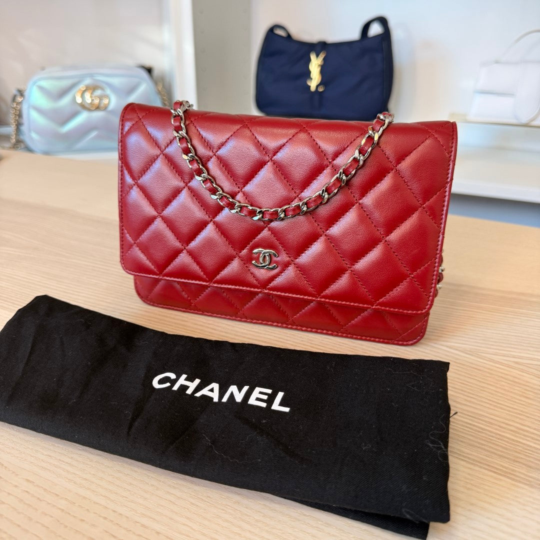 Chanel  Lambskin Quilted Wallet On Chain WOC Red