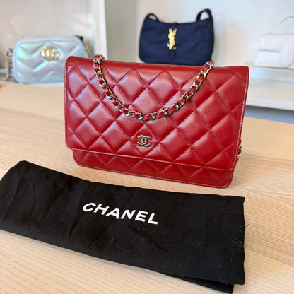 Chanel  Lambskin Quilted Wallet On Chain WOC Red