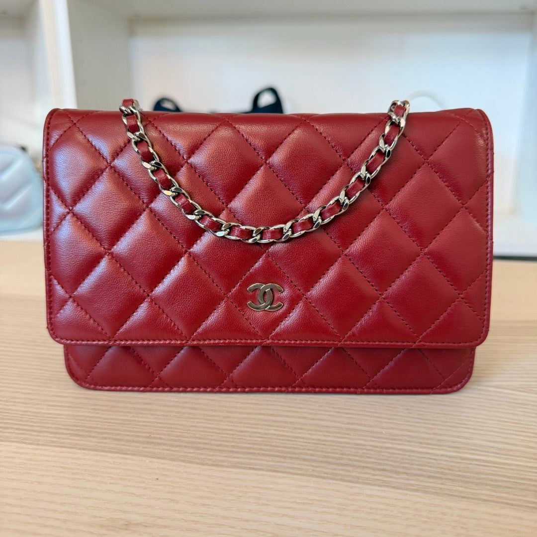 Chanel  Lambskin Quilted Wallet On Chain WOC Red