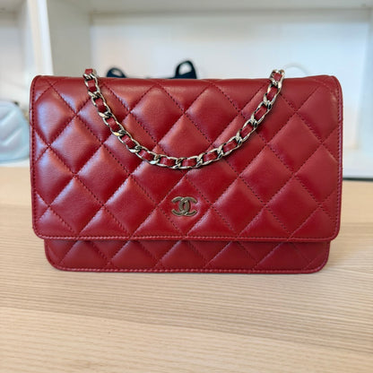 Chanel  Lambskin Quilted Wallet On Chain WOC Red