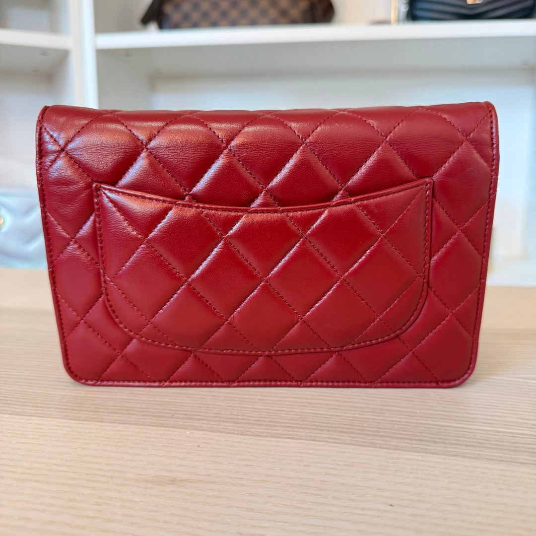 Chanel  Lambskin Quilted Wallet On Chain WOC Red