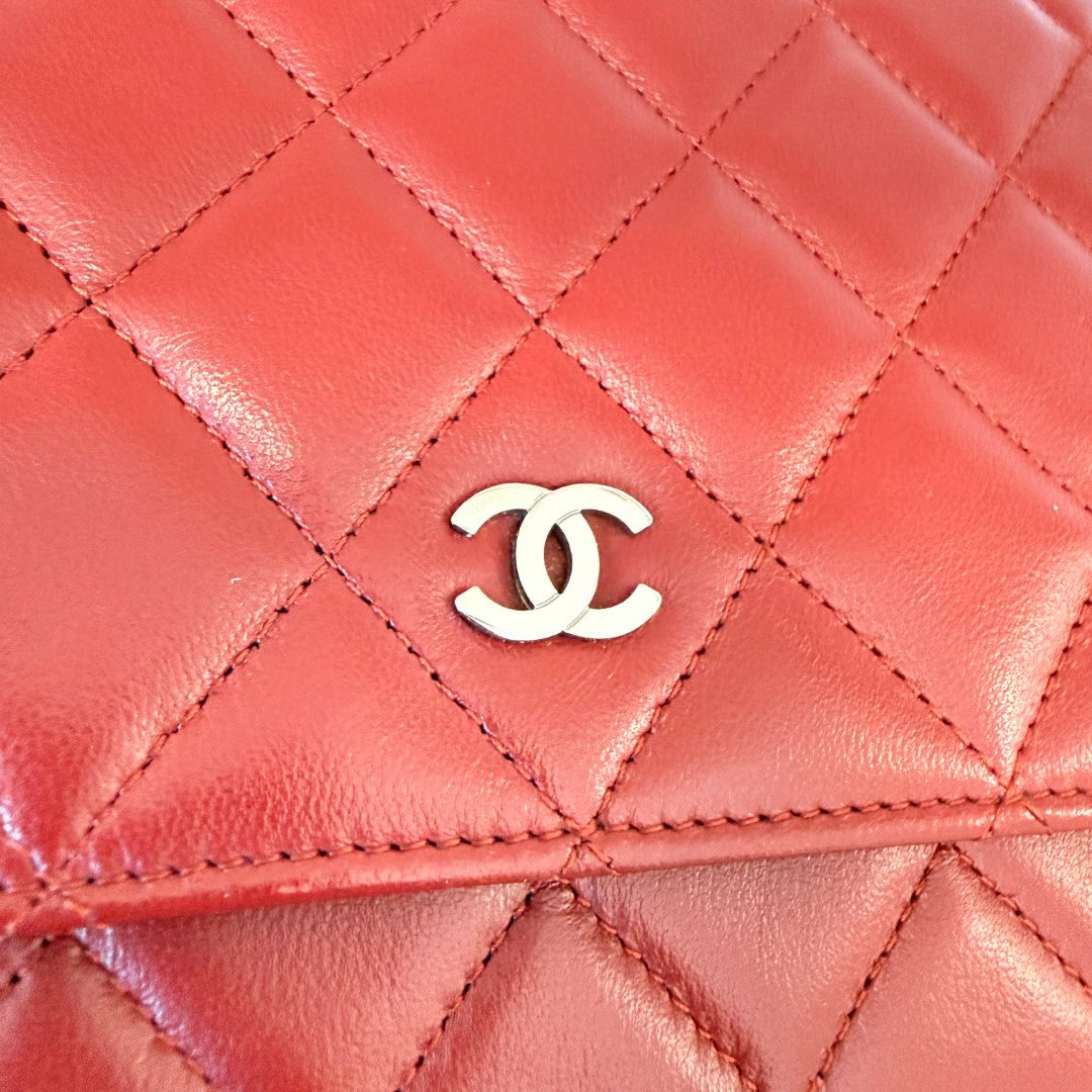 Chanel  Lambskin Quilted Wallet On Chain WOC Red