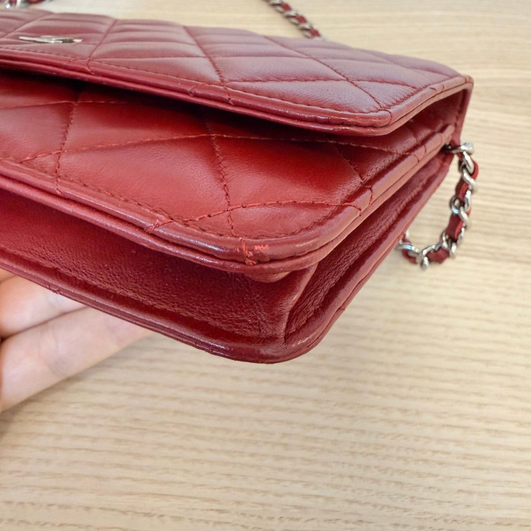 Chanel  Lambskin Quilted Wallet On Chain WOC Red