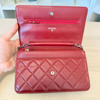 Chanel  Lambskin Quilted Wallet On Chain WOC Red