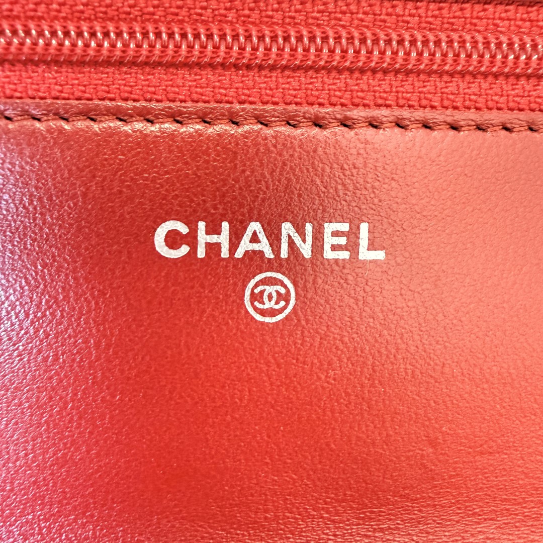Chanel  Lambskin Quilted Wallet On Chain WOC Red