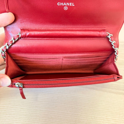 Chanel  Lambskin Quilted Wallet On Chain WOC Red