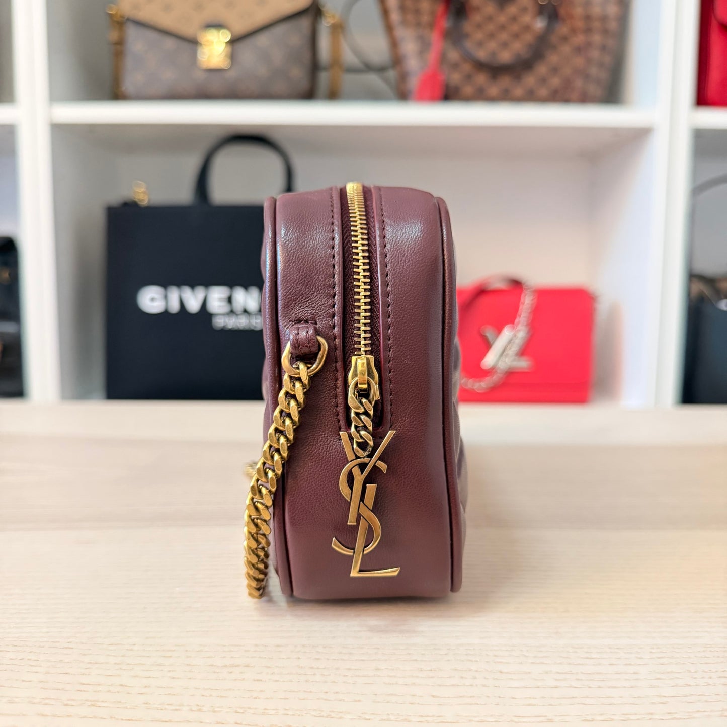 Saint Laurent (YSL) Lambskin Quilted Mini Camera Bag Crema Soft Hot Wine