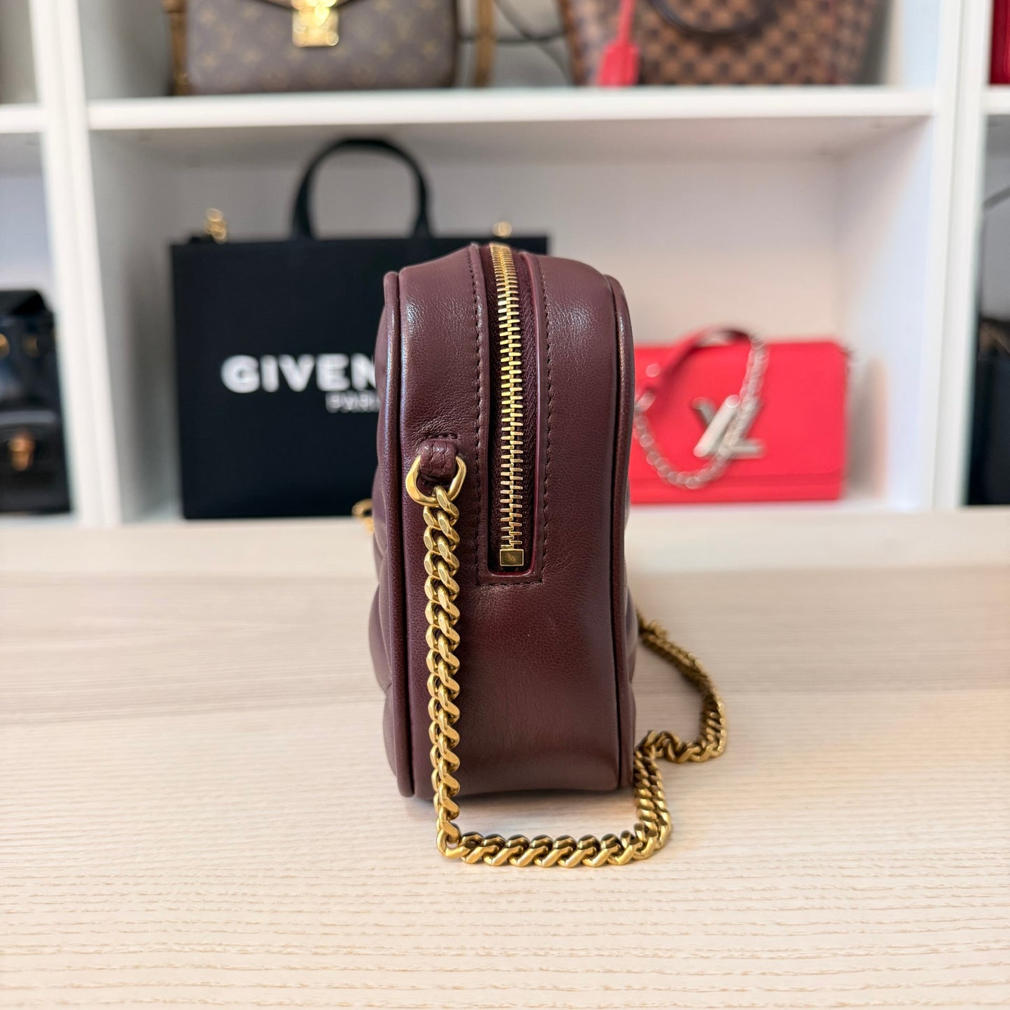 Saint Laurent (YSL) Lambskin Quilted Mini Camera Bag Crema Soft Hot Wine