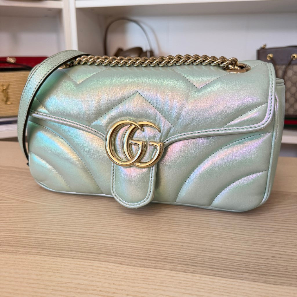 Gucci Iridescent Chevron Matelasse Small GG Marmont Shoulder Bag Iridescent Green
