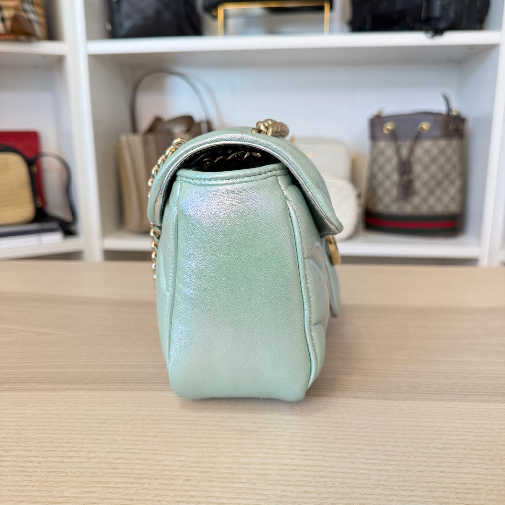 Gucci Iridescent Chevron Matelasse Small GG Marmont Shoulder Bag Iridescent Green