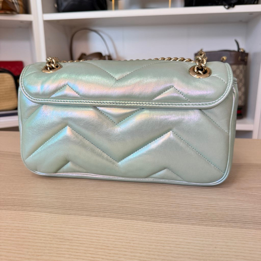 Gucci Iridescent Chevron Matelasse Small GG Marmont Shoulder Bag Iridescent Green