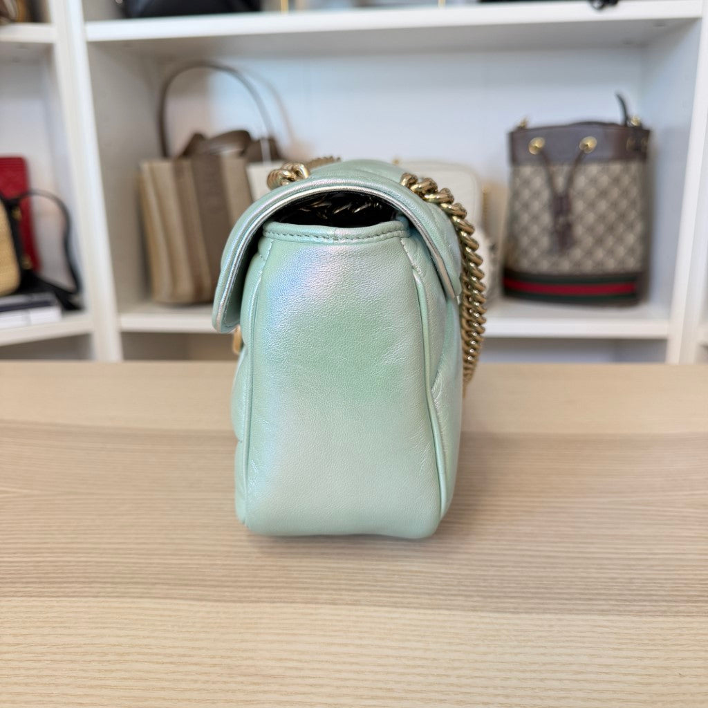 Gucci Iridescent Chevron Matelasse Small GG Marmont Shoulder Bag Iridescent Green