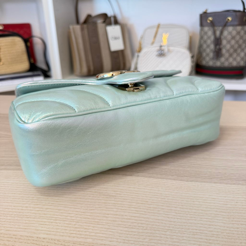 Gucci Iridescent Chevron Matelasse Small GG Marmont Shoulder Bag Iridescent Green