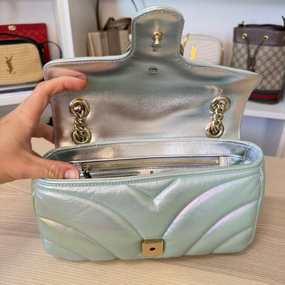 Gucci Iridescent Chevron Matelasse Small GG Marmont Shoulder Bag Iridescent Green