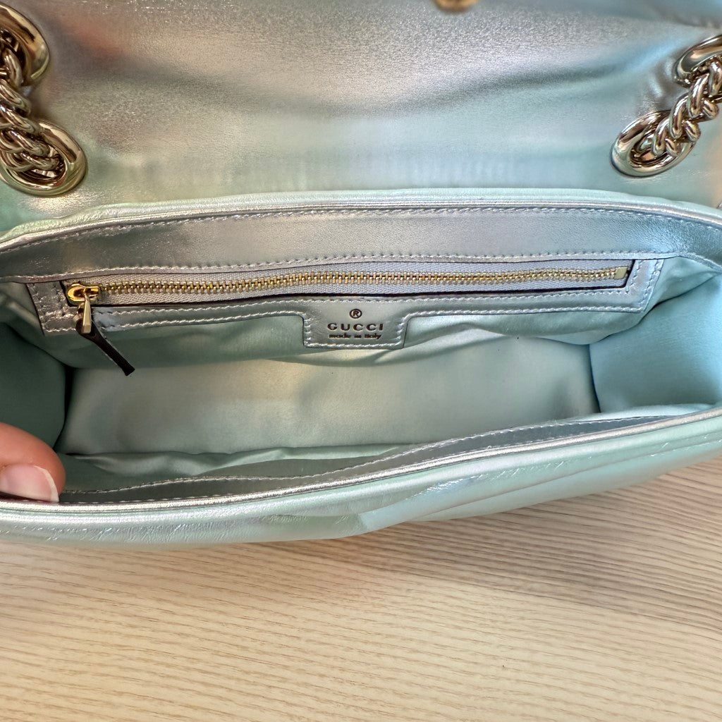 Gucci Iridescent Chevron Matelasse Small GG Marmont Shoulder Bag Iridescent Green