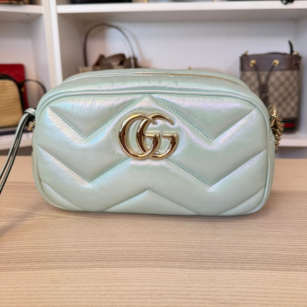 Gucci Chevron Matelasse Small GG Marmont Chain Shoulder Bag Iridescent Green