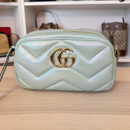 Gucci Chevron Matelasse Small GG Marmont Chain Shoulder Bag Iridescent Green