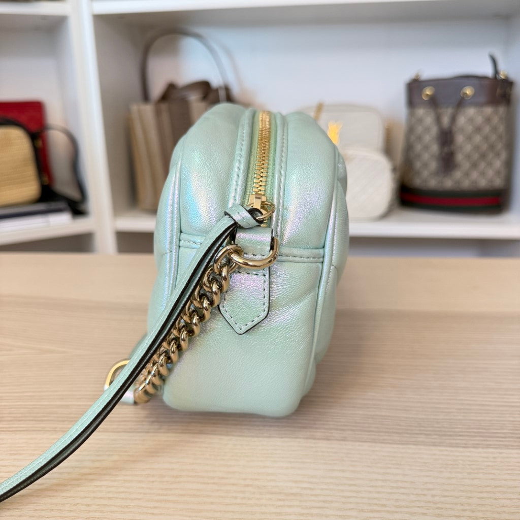 Gucci Chevron Matelasse Small GG Marmont Chain Shoulder Bag Iridescent Green