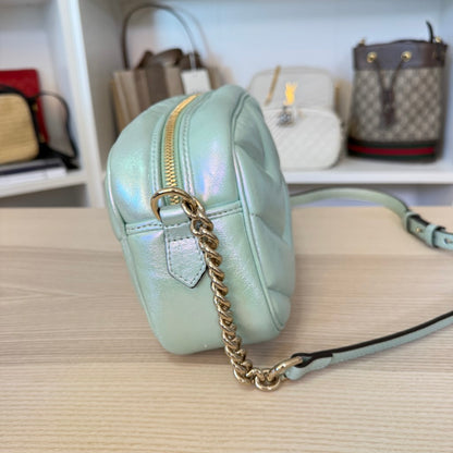 Gucci Chevron Matelasse Small GG Marmont Chain Shoulder Bag Iridescent Green