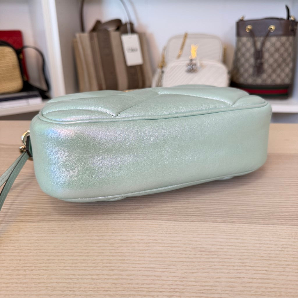 Gucci Chevron Matelasse Small GG Marmont Chain Shoulder Bag Iridescent Green