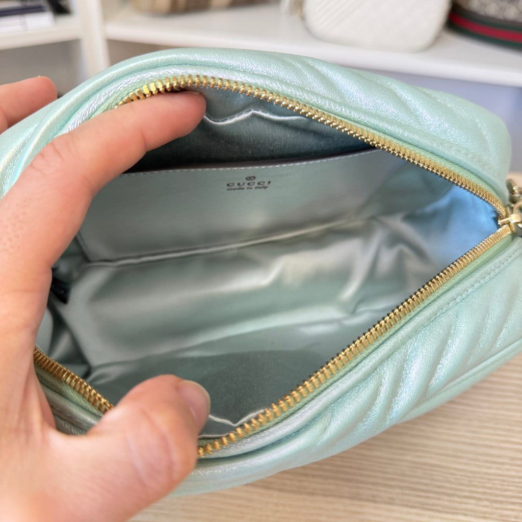 Gucci Chevron Matelasse Small GG Marmont Chain Shoulder Bag Iridescent Green