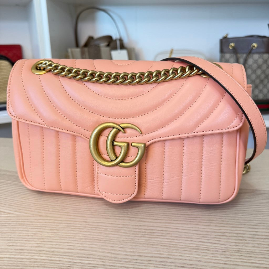 Gucci Calfskin Vertical Ring Matelasse Small GG Marmont Shoulder Bag Peachy Chic
