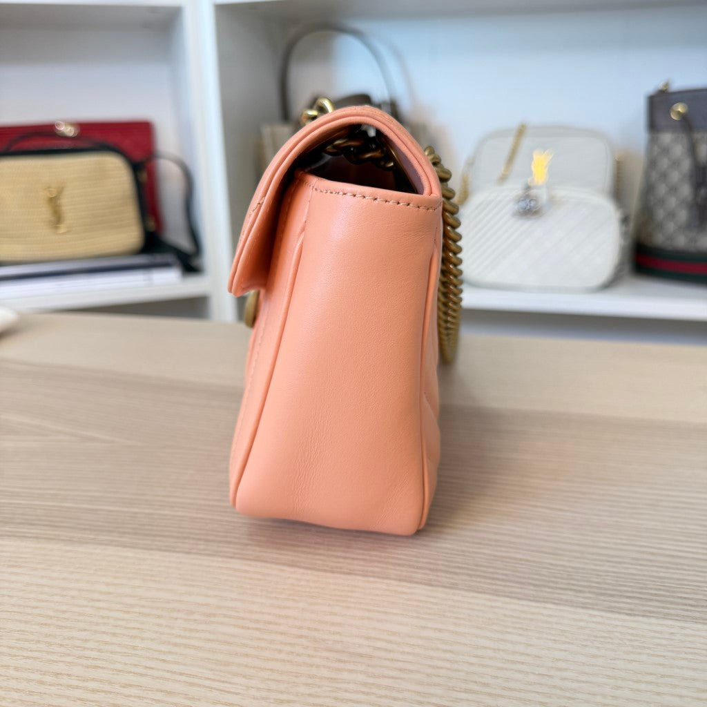 Gucci Calfskin Vertical Ring Matelasse Small GG Marmont Shoulder Bag Peachy Chic
