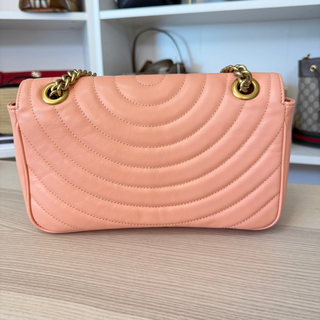 Gucci Calfskin Vertical Ring Matelasse Small GG Marmont Shoulder Bag Peachy Chic