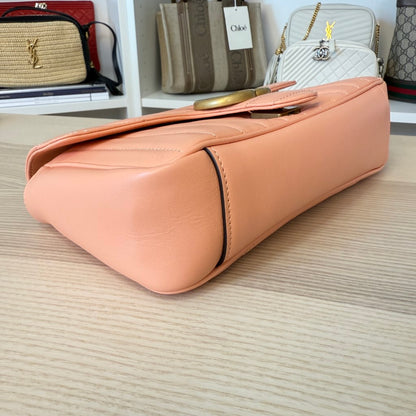 Gucci Calfskin Vertical Ring Matelasse Small GG Marmont Shoulder Bag Peachy Chic