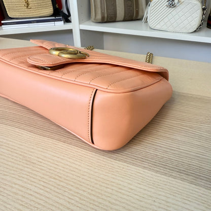 Gucci Calfskin Vertical Ring Matelasse Small GG Marmont Shoulder Bag Peachy Chic